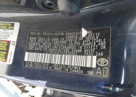 2012 Toyota Corolla Le из США, поврежденный, VIN 2T1BU4EE2CC835553